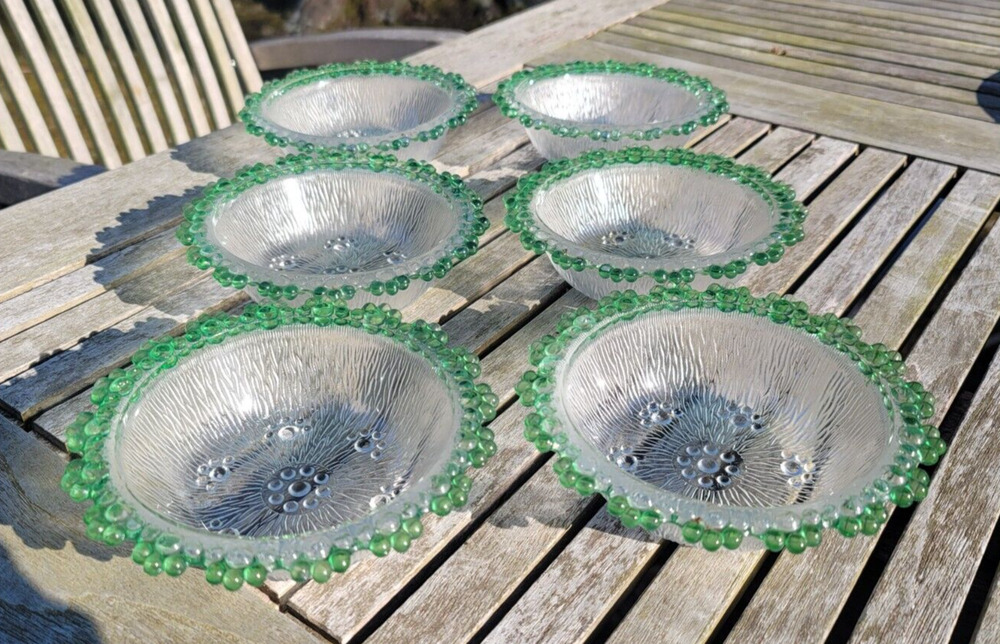 Set of 6 Vintage Ishizuka Aderia Japan Green & Clear Bubble Lace Glass Bowls